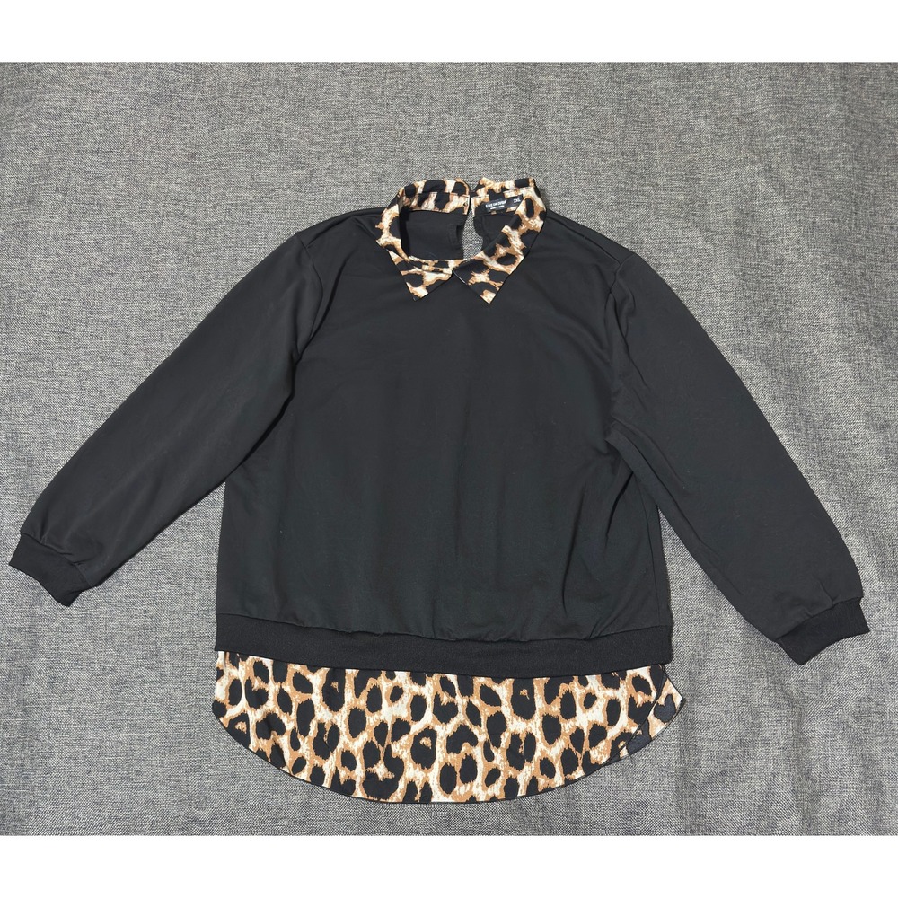 SHEIN CURVE Womens 2XL Top Leopard Print Collar Layered Hem Black Long Sleeve
